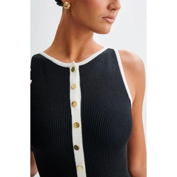 (S) NWT Meshki /Evenuel Sawyer Contrast Button Ribbed Maxi Dress Black/White - Picture 5 of 12